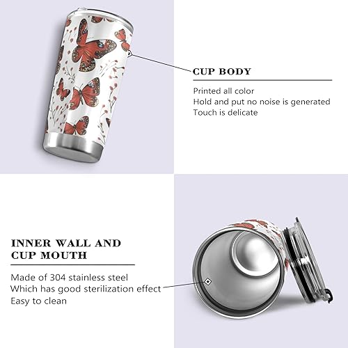Miniatura 2 de Taza de café de acero inoxidable con diseño de mariposa roja, tapa a prueba de fugas y pajita para agua, té helado o café, vaso aislado al vacío