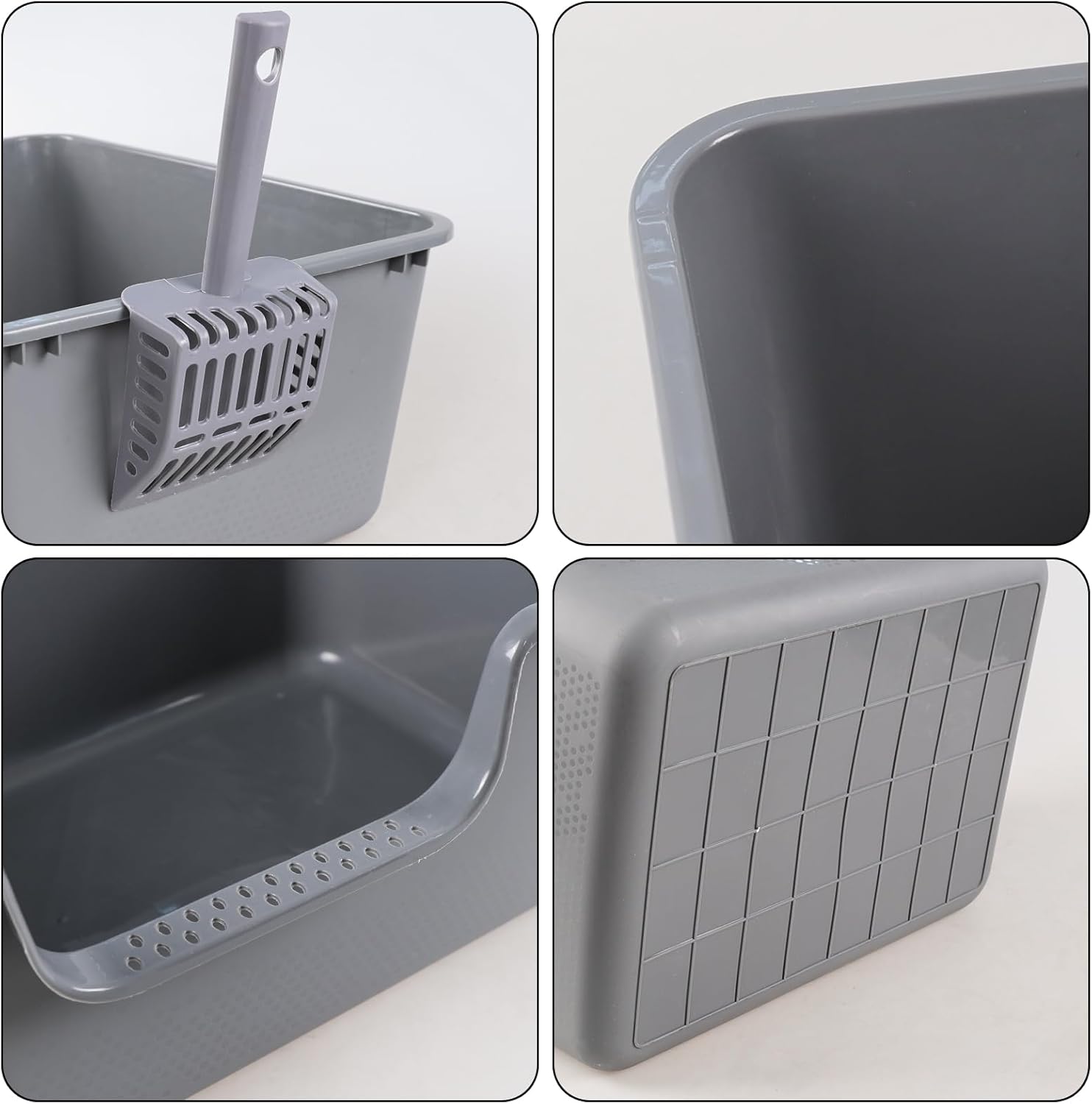 4 Packs High Side Cat Litter Box with Scoop, Open Top Pet Litter Pan, (19.67" L x 15.24" W x 8.66" H), Gray