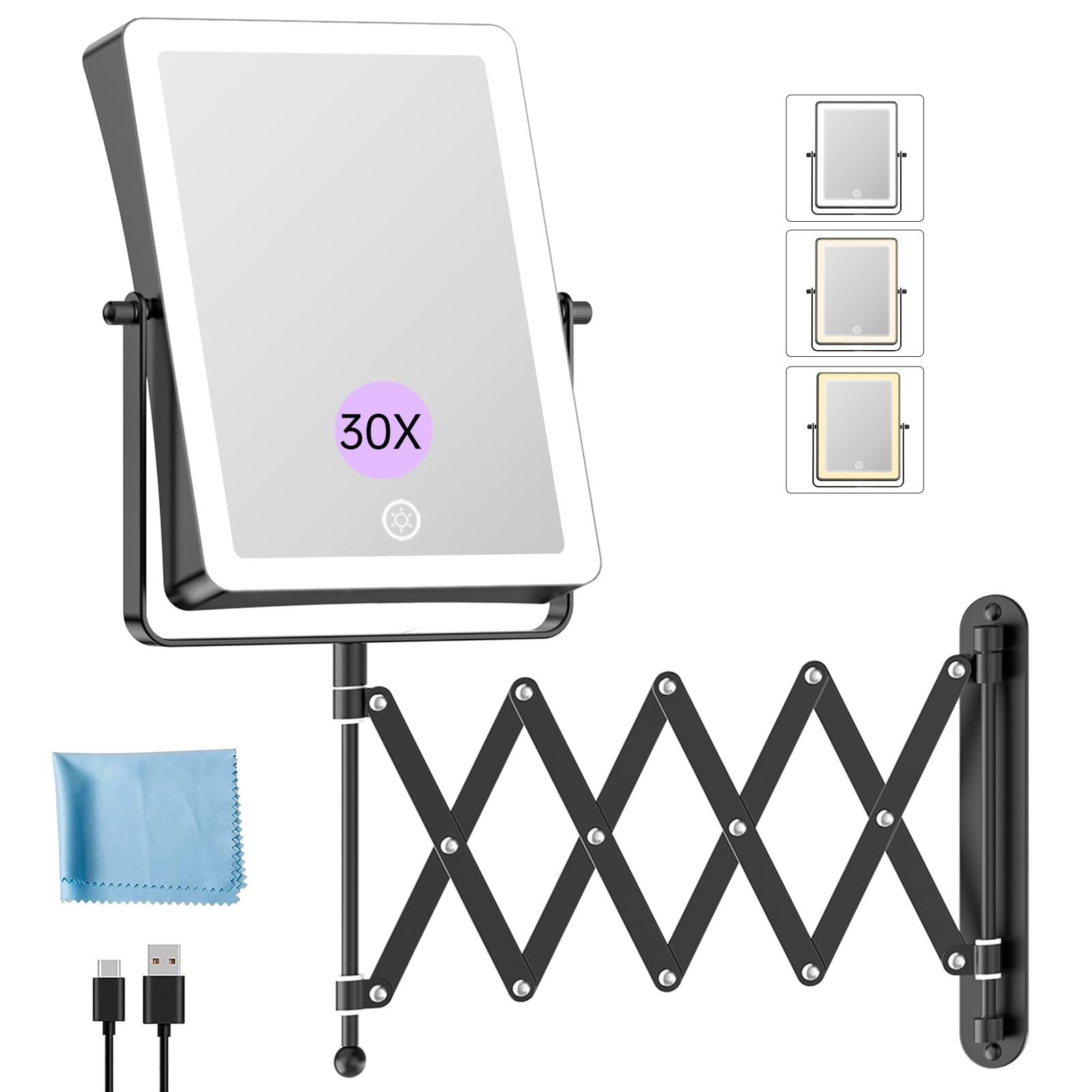 Famihomii 5000mAh Wiederaufladbar Kosmetikspiegel mit LED Beleuchtetung, 8,7 Zoll beidseitig 1X/30X Vergrößerung kosmetikspiegel wandmontage,3 Farbtemperaturen, Dimmbarer,360° Schwenkbar (Schwarz)