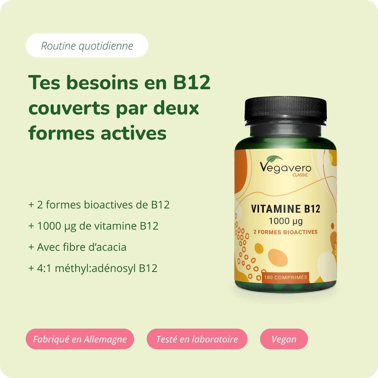 Vitamine B12 Vegan 1000 µg | Testé en Laboratoire & Sans Additifs | Avec 2 Formes : Méthylcobalamine + Adénosylcobalamine | Anti Fatigue + Equilibre Nerveux | Vegavero®