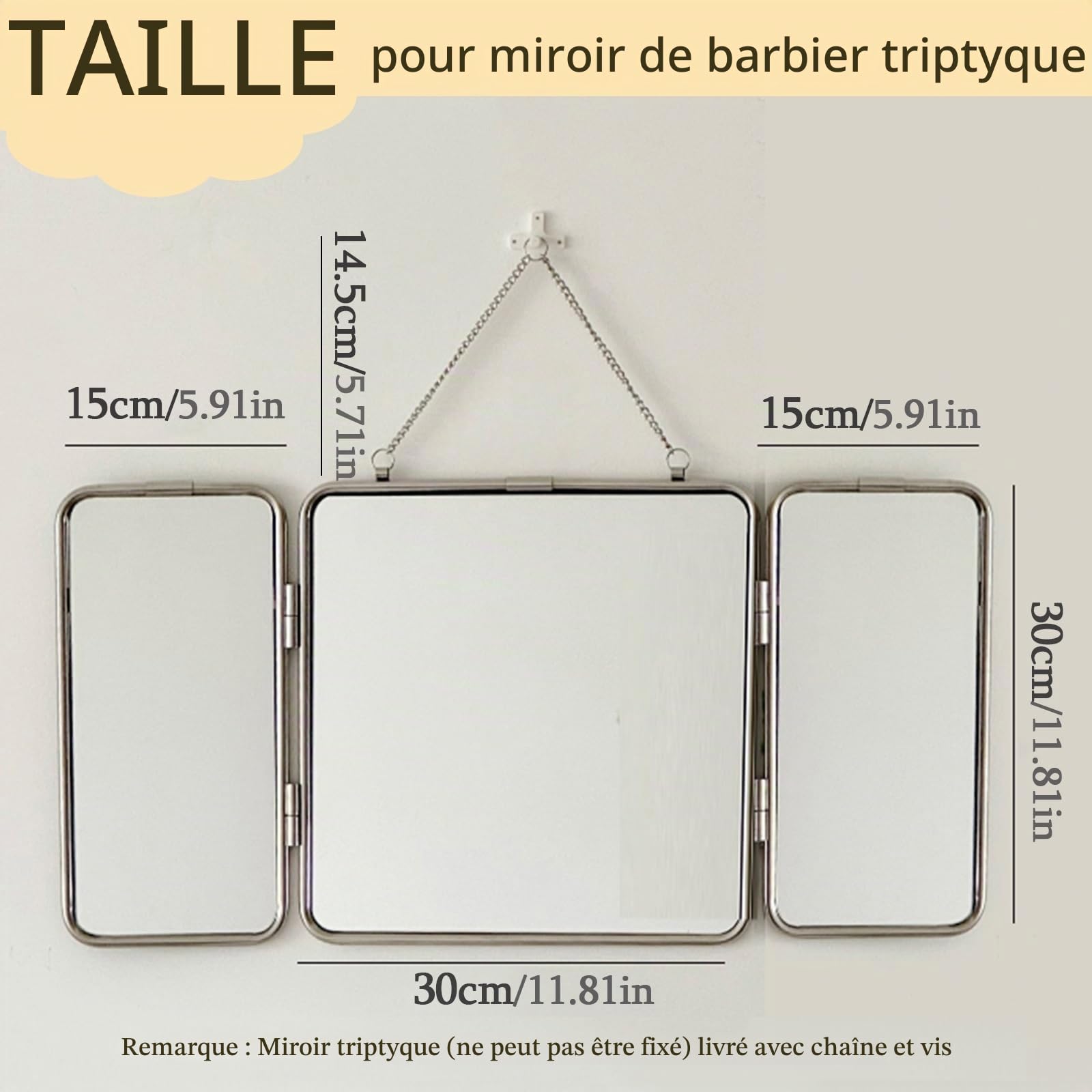 Miroir De Maquillage Carré À Trois Volets, Miroir Mural avec Cadre en Acier Inoxydable 304, Miroir Décoratif HD 30 * 60 Cm, pour Salle De Bain, Chambre