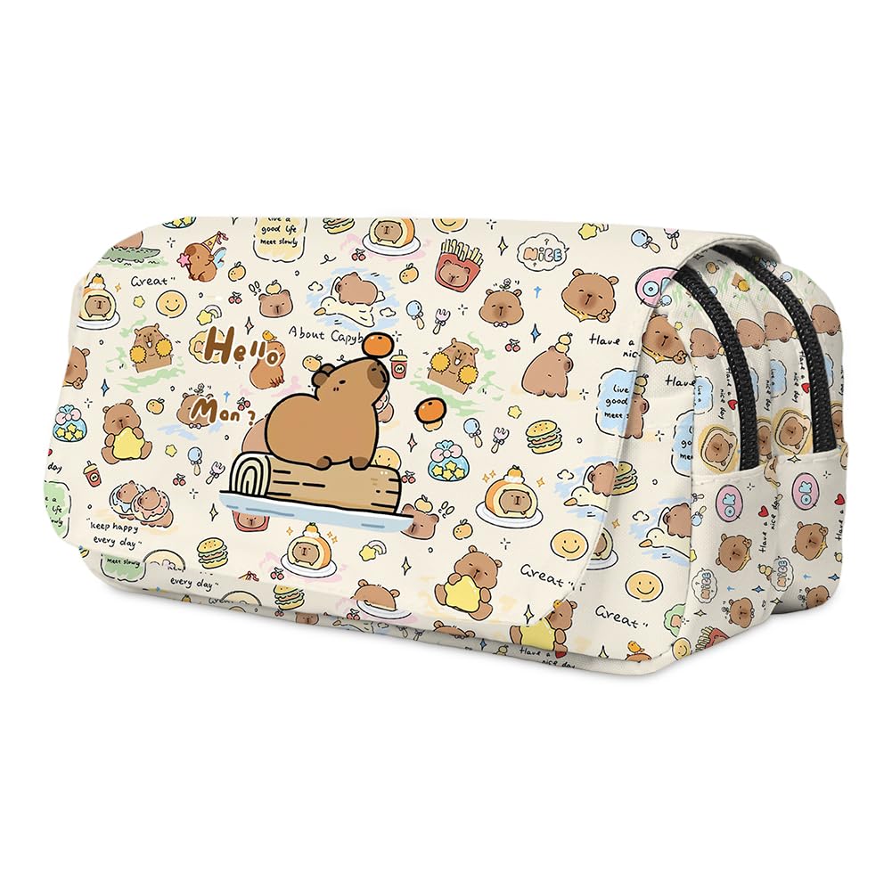 Spiritzohic Capybara Pencil Case, Pencil Pouch Cartoon Pen Case with Compartments Stationery Organizer Pen Pouch Large Pens Bag Capacity Portable for School Supplies(White)