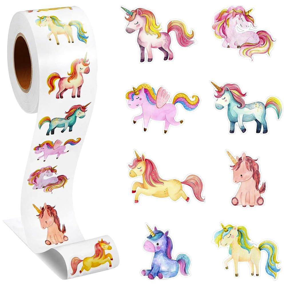 500PCS Unicorn Stickers Roll 8 Patterns Cute Rainbow Horse Labels Reward Self-Adhesive Cartoon Animal Decals for Kids Scrapbook Envelope Seals DIY Invitation Letter - Paper Material - Multicolour