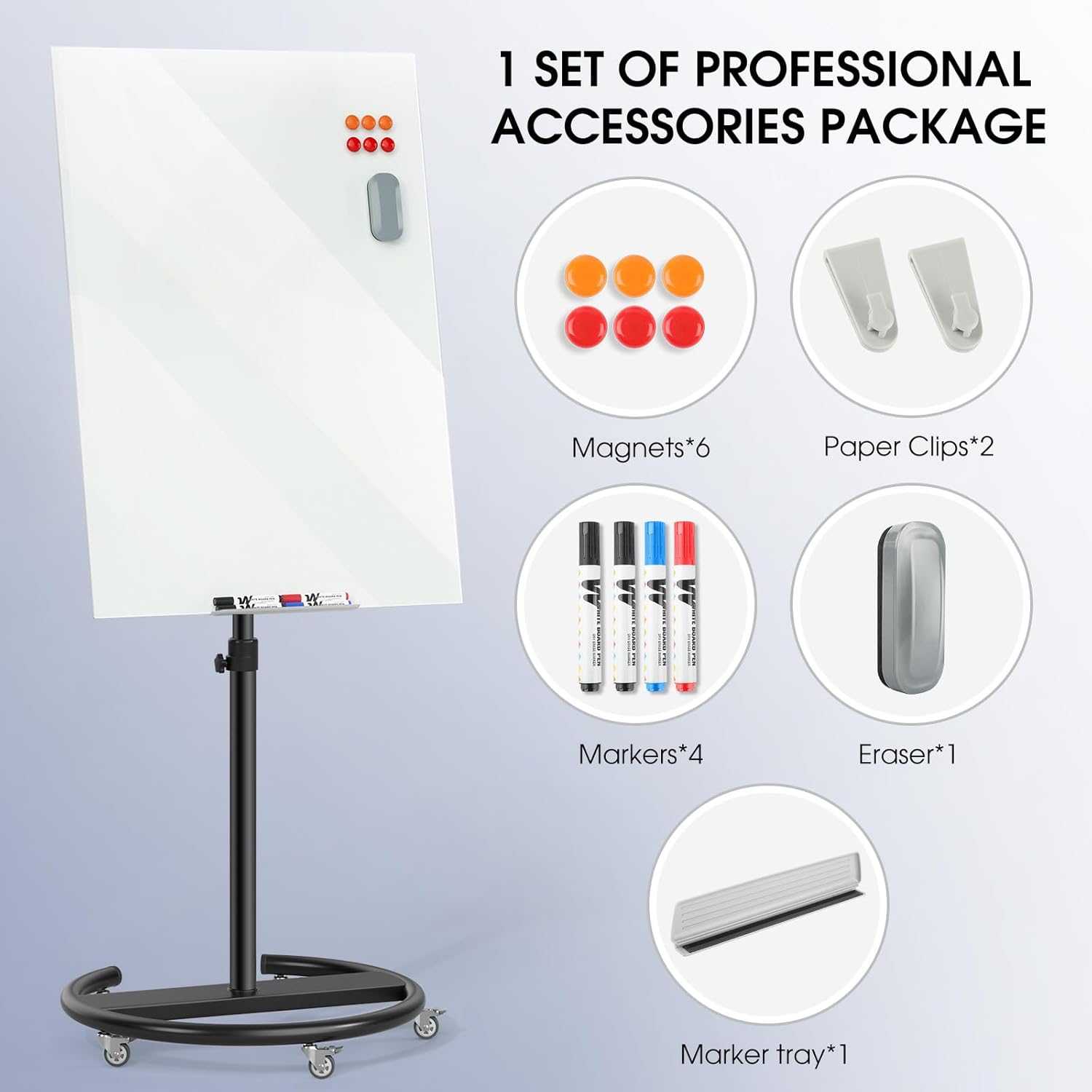 MaxGear Glass Mobile Whiteboard– 40'' x 28'' Magnetic Dry Erase Board Stand, Black Stand Portable White Board Standing Dry Erase Easel with 4 Markers, 6 Magnets, Eraser