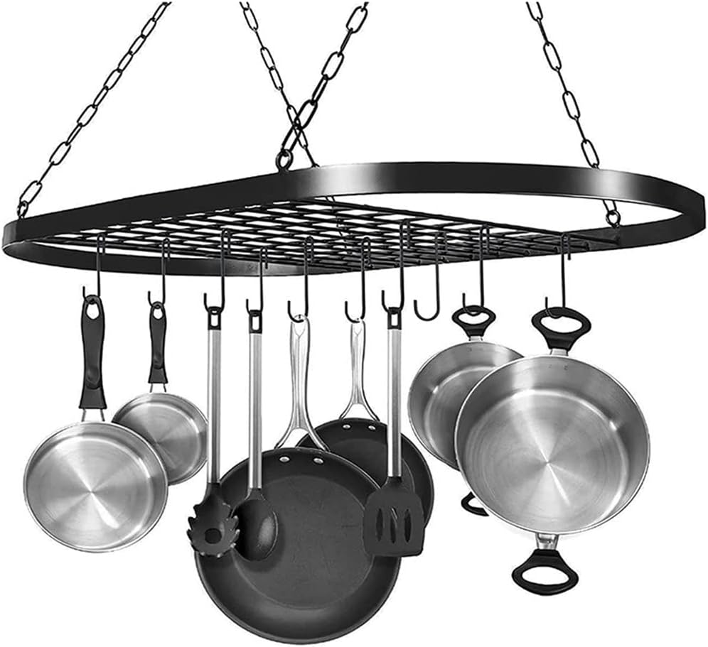 Hanging Pot Pan Rack for Ceiling, Ceiling Mounted Cookware Hanger Organizer with 10 Hooks for Home Kitchen Household