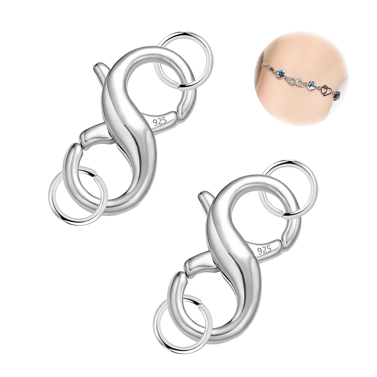 2 Pack Double Opening Lobster Clasps– 925 Sterling Silver Necklace and Bracelet Connectors with Jump Ring – DIY Jewelry Extender Clasps for Necklaces and Bracelets