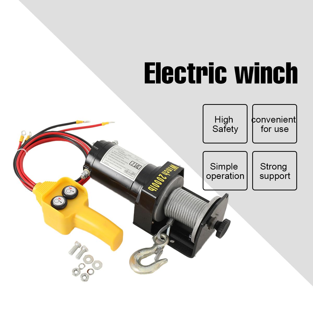 Verricello Elettrico 24 V Kit con Cavo d'Acciaio e Telecomando 2000lbs | Cavo d'Acciaio 15,2 m, Gancio con Fermo di Sicurezza, Telecomando Cablato, per Traino e Sollevamento su Veicoli e Rimorchi