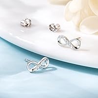 Vista 8 de Aretes de plata de ley 925 para mujer, diseño de infinito, corte redondo, circonita cúbica