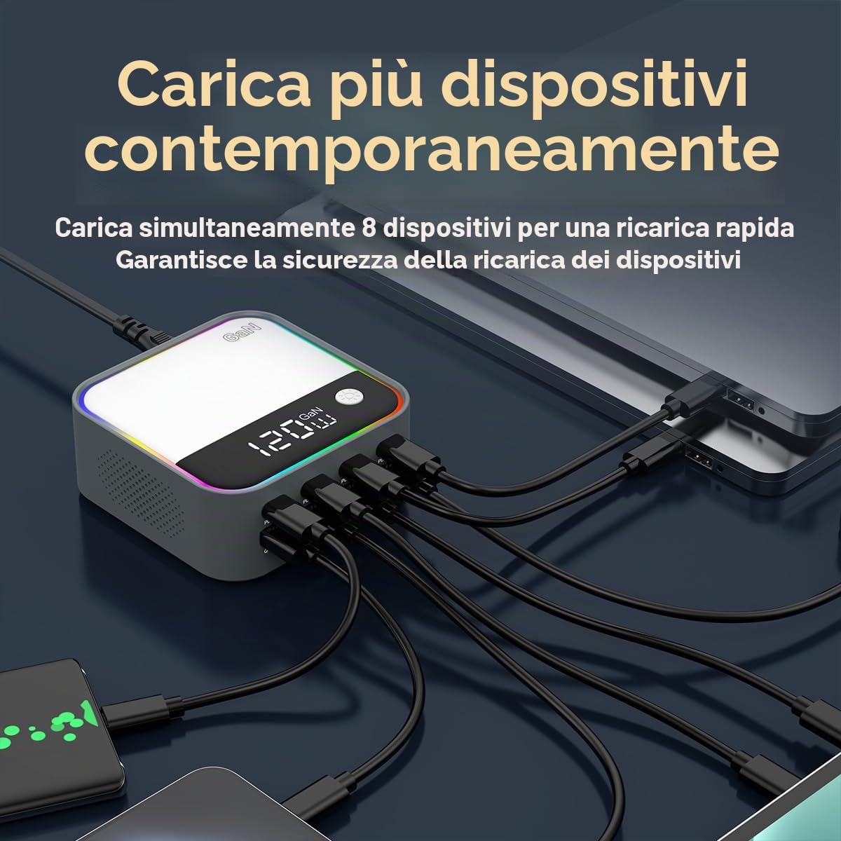 120W Caricabatterie rapido, stazione di ricarica USB C GaN 8 porte con porta di ricarica rapida PD3.0 e QC3.0 da 100W e display digitale intelligente