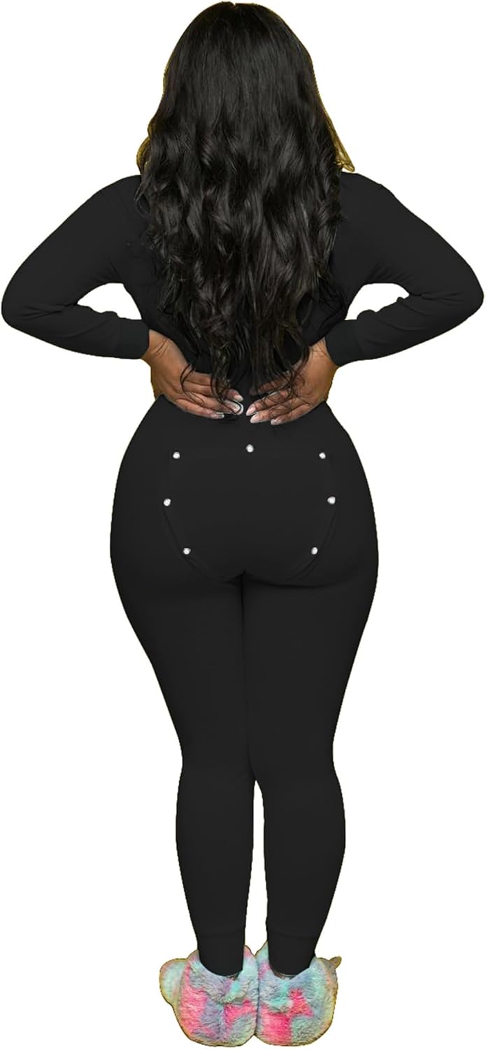 Aopwsrlyi Womens Sexy Butt Flap Pajamas Deep V Neck Long Sleeve Jumpsuit Adult One Piece Bodycon Romper Sleepwear