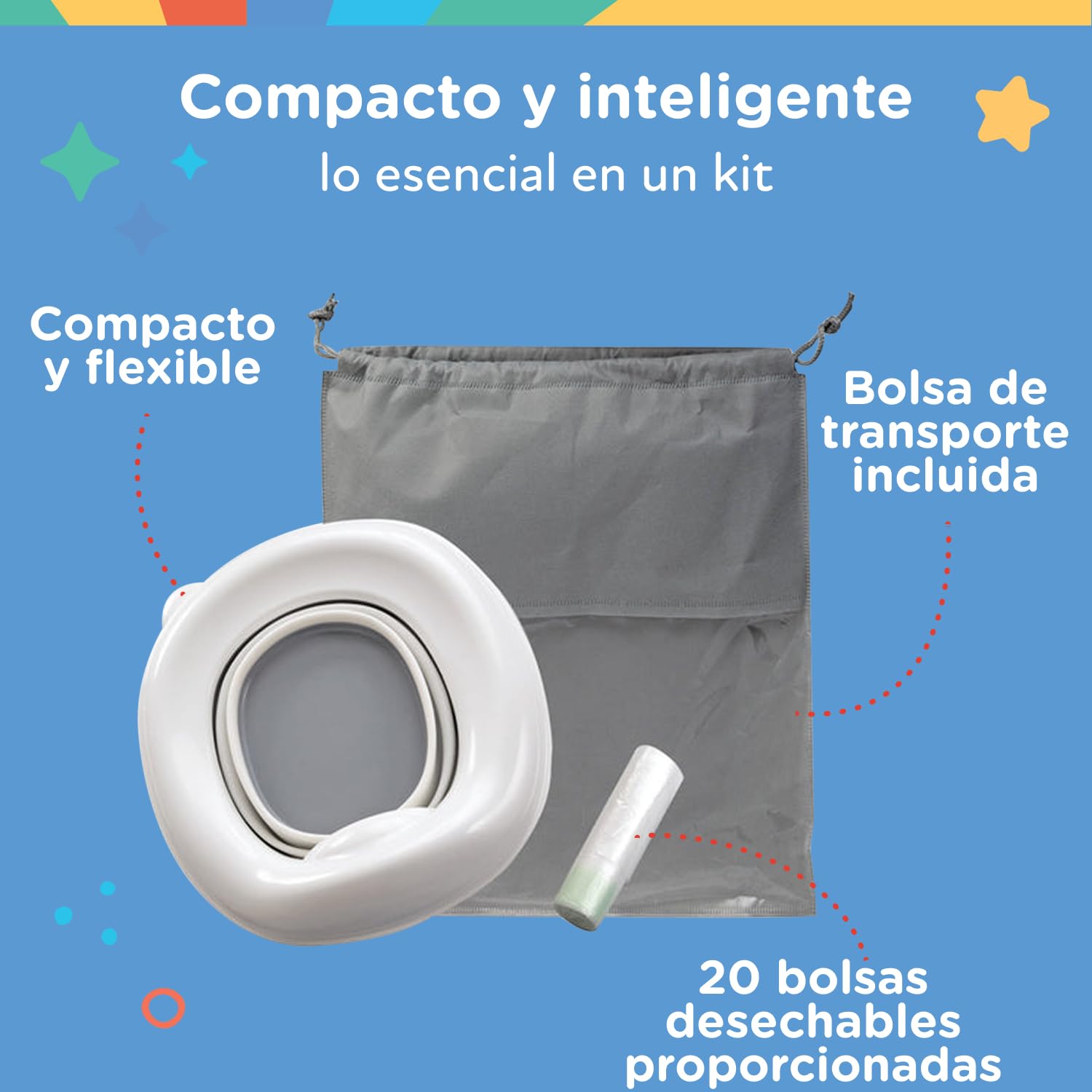 Nuby - Inodoro Portatil 2 en 1 Para Viaje - Adaptador WC Niños y Orinal Bebe - WC Portatil con Bolsas Desechables y Protección Antisalpicaduras - Baño Bebe Ligero y Compacto - 18+ meses