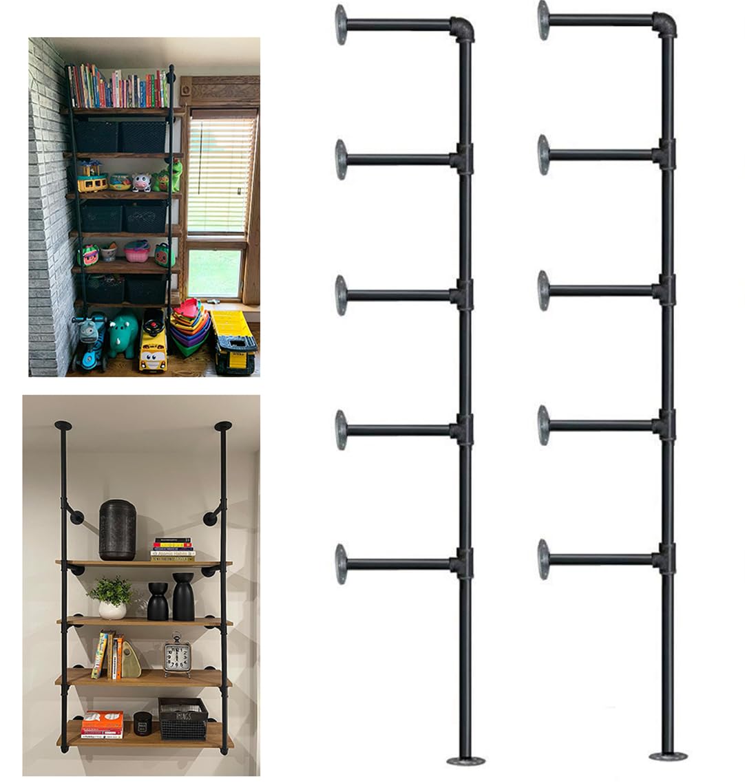 Black 5-Tier Industrial Wall Mount Iron Pipe Shelves, Piping Wall Bookshelf DIY Open Bookshelf Storage for offcie Room Kitchen, Easy to Install 68”H (2)