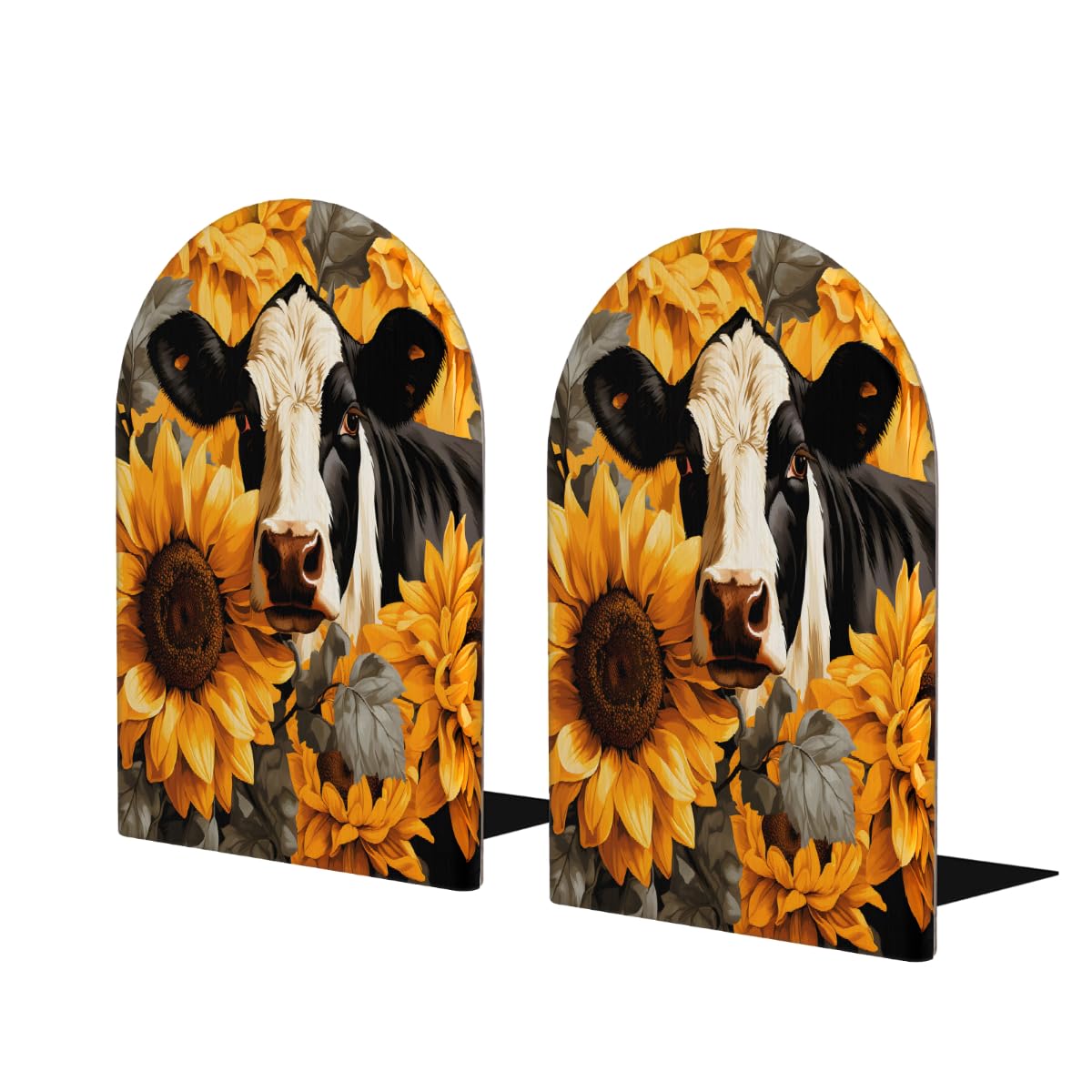 Cow Sunflowers Vintage Wooden Bookends for Shelves Decorative Wood Bookends Heavy Duty Non-Skid Book Stoppers, 1 Pair/2 Pieces