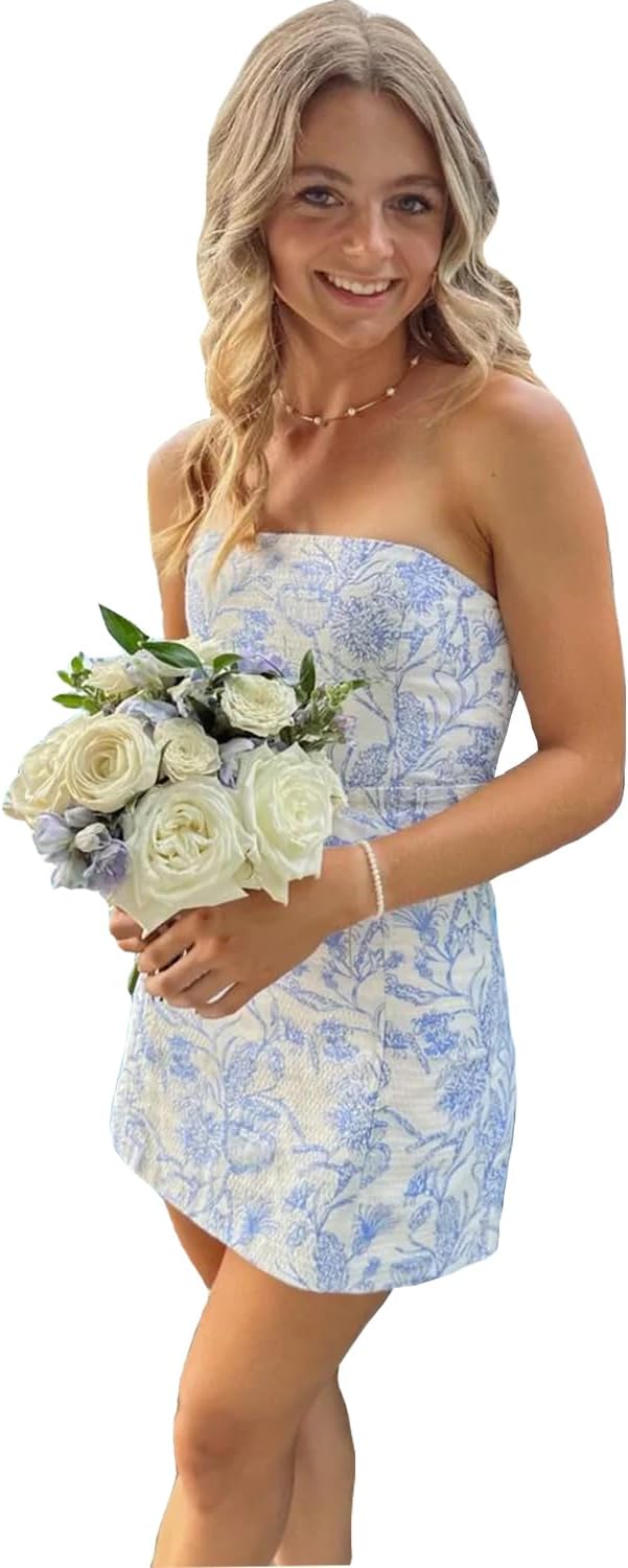 Strapless Homecoming Dresses 2025 Floral Print Formal Dress Short Satin Tight Prom Cocktail Party Gowns for Teens