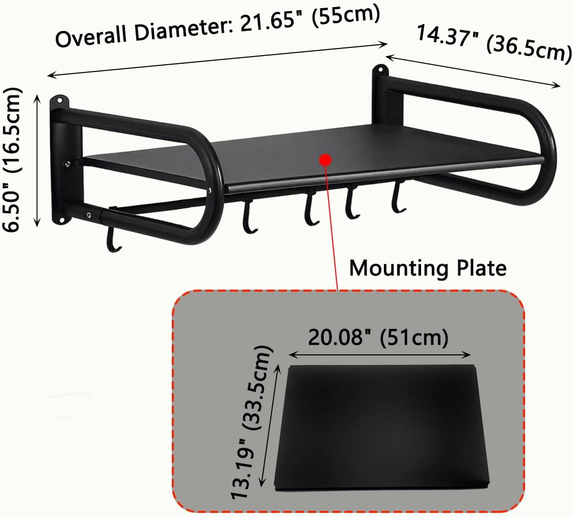 Microwave Shelf Wall Mount,Microwave Wall Shelf with 5 Hooks and 2 Guardrails Wall-Mounted, For Small Microwave to Load Capacity 30kg for Home Kitchen Laundry and Living Room