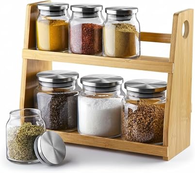 Deconox 8 Parça Borosilikat Cam Baharatlık Seti (700 ml) - Paslanmaz Çelik Kapaklı ve Bambu Kapak Sçenekli 2 Katlı Bambu Standlı Tezgah Üstü Erzak Kabı ve Mutfak Düzenleyici Organizer (Bambu Kapak)