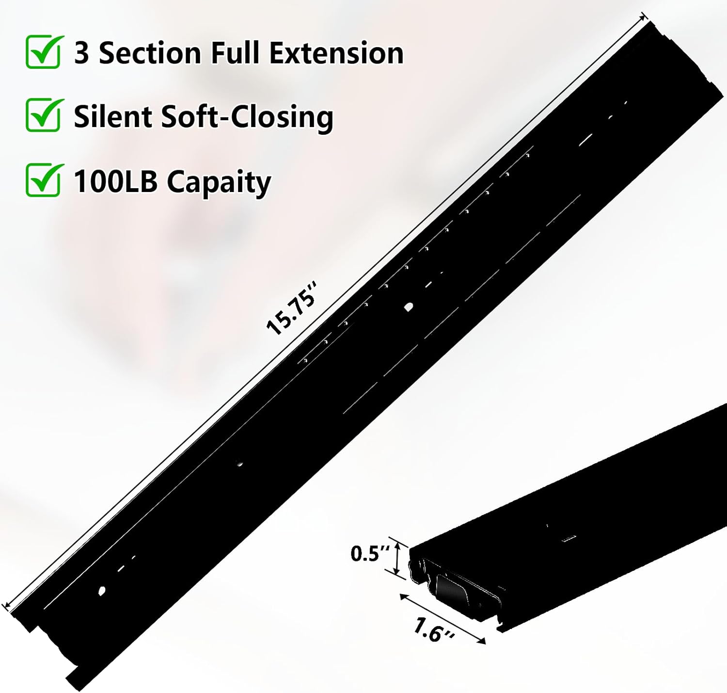 1 Pair 200Lb Heavy Duty Drawer Slides Full Extension 15.75IN Black Slide Track Rail