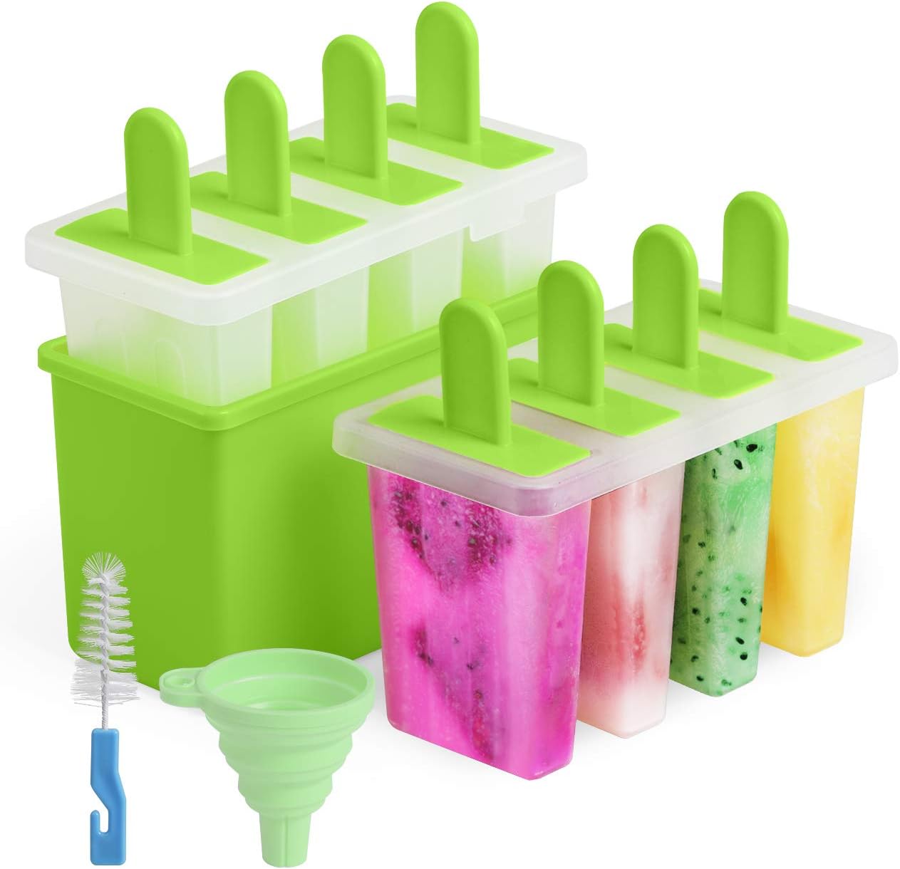 Kootek Popsicles Molds Set - 8 Ice Pop Mold Homemade Ice Cream Maker Reusable Popsicle Tray Holder with Bin, Sticks, Silicone Funnel, Cleaning Brush (Green)