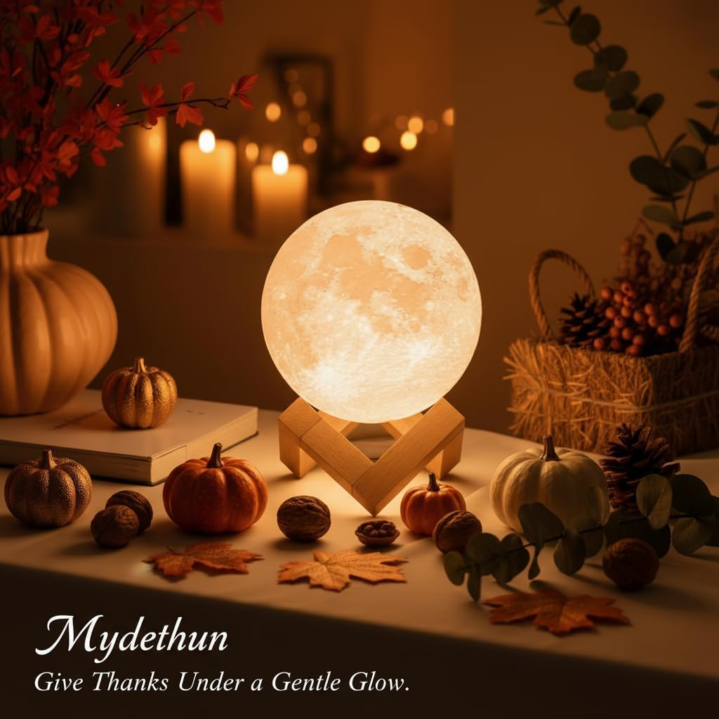 White and Yellow 4.7 Mydethun Moon Lamp - 3D Printed LED Night Light 4.7' with Wooden Base, White Elephant Gift for Women, Mom, Kids, Christmas Thanksgiving Table Decor Touch-Dimmable & Dual-Color, White & Yellow
