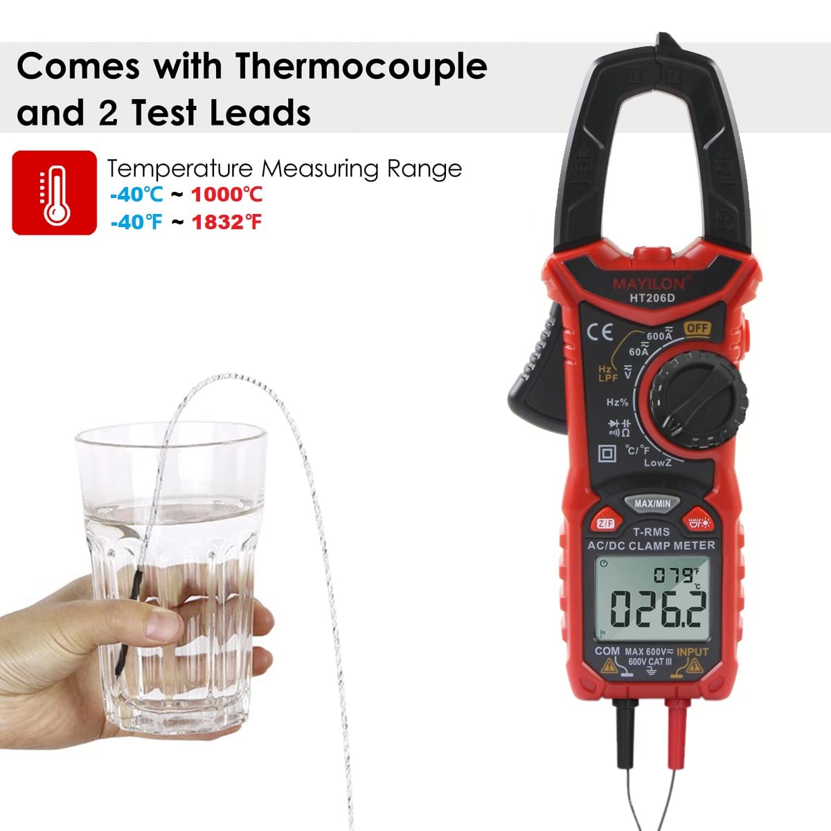 HT206D Multímetro Digital, Pinza Amperimétrica True RMS con Medición de Temperatura, NCV, LPF, AC/DC Voltaje y Corriente, Frecuencia, Resistencia, Capacitancia, Diodos, Continuidad, LowZ