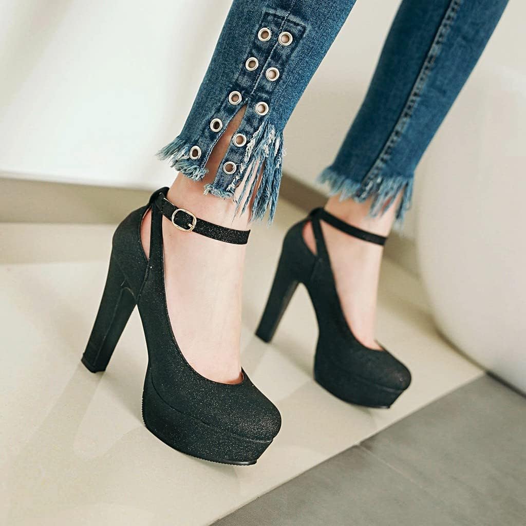 Scarpe da donna con plateau e tacco grosso Décolleté con paillettes Cinturino alla caviglia Punta tonda Tacchi alti Moda Matrimonio Serata Night Club Scarpe da festa pelle/H/34EU