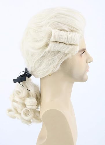 Miniatura 6 de Topcosplay Peluca para hombre, disfraz de juez histórico colonial, peluca beige para Halloween, cosplay, pelucas