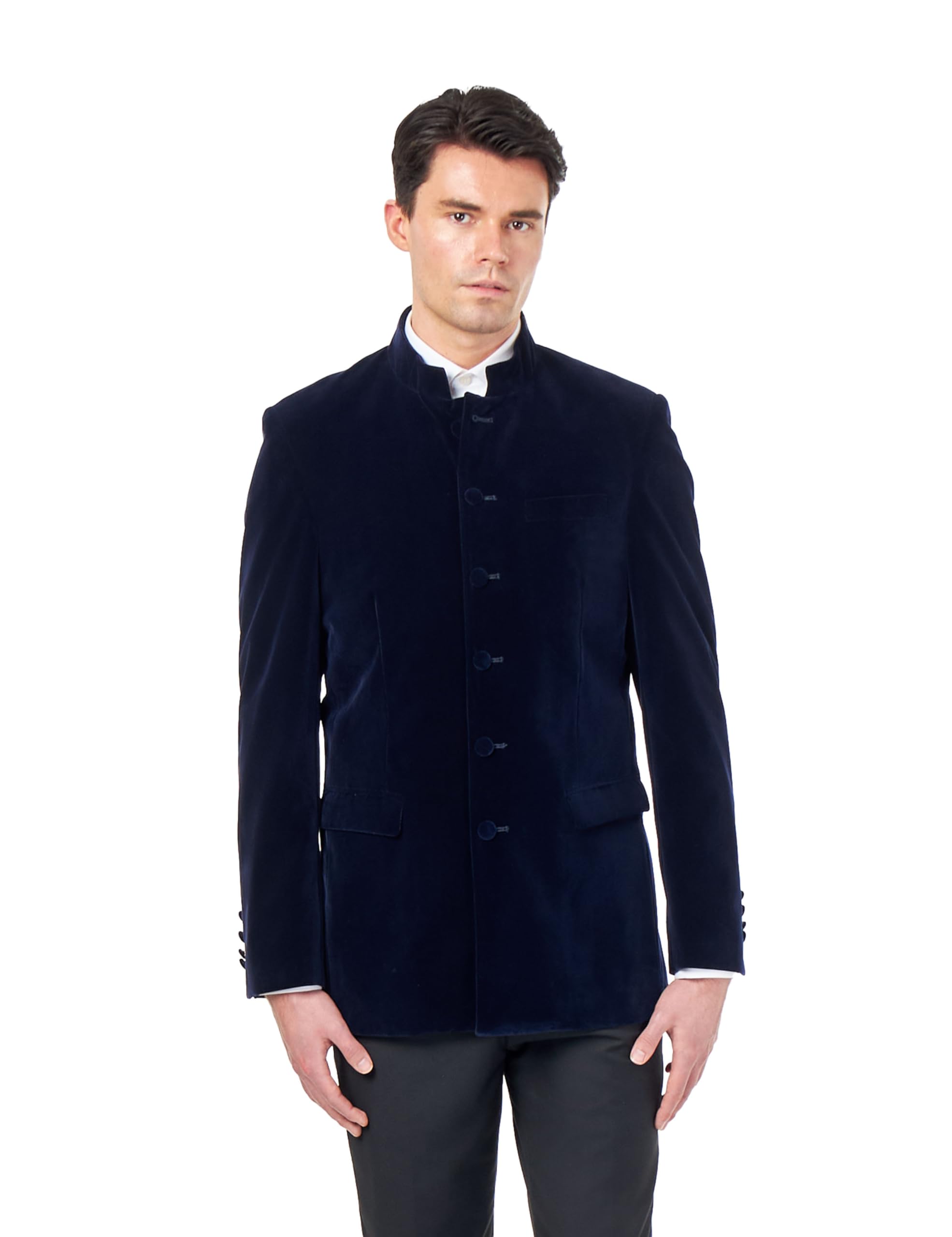 Men’s Navy Velvet Smoking Nehru Jacket Classic Chinese Grandad Collar Wedding Party Blazer [BLZ-HARSHIL-Navy, UK/US 52 EU 62]