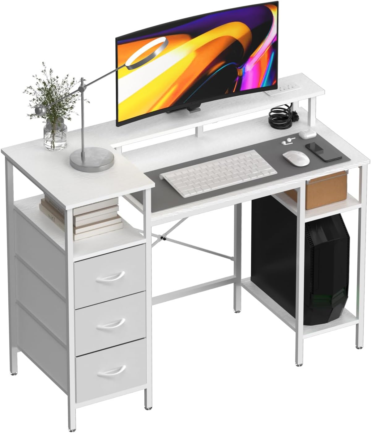VINGLI 47 Inch L-Shaped Computer Desk, Small Computer Gaming Desk with Fabric Drawers & Storage Shelves, Charging Station, Monitor Stand for Home, Office, White