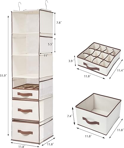 Miniatura 2 de Vercord 6 estantes colgantes para armario, estantes plegables para colgar ropa, almacenamiento de ropa con 2 cajones grandes, 1 cajón para