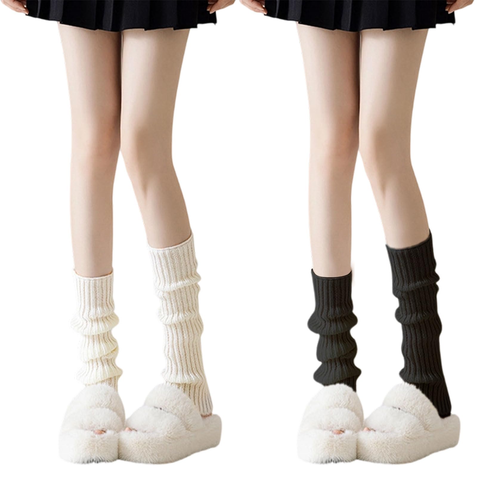 SNBUHA 2 Pairs White Black Leg Warmers, Lady Fashion Winter Boot Cuffs Warm Knee Warmers, 80s Y2k Ribbed Knit Legwarmers for Women Girls Ladies Ballet Yoga Dance Ice Skating (40cm)
