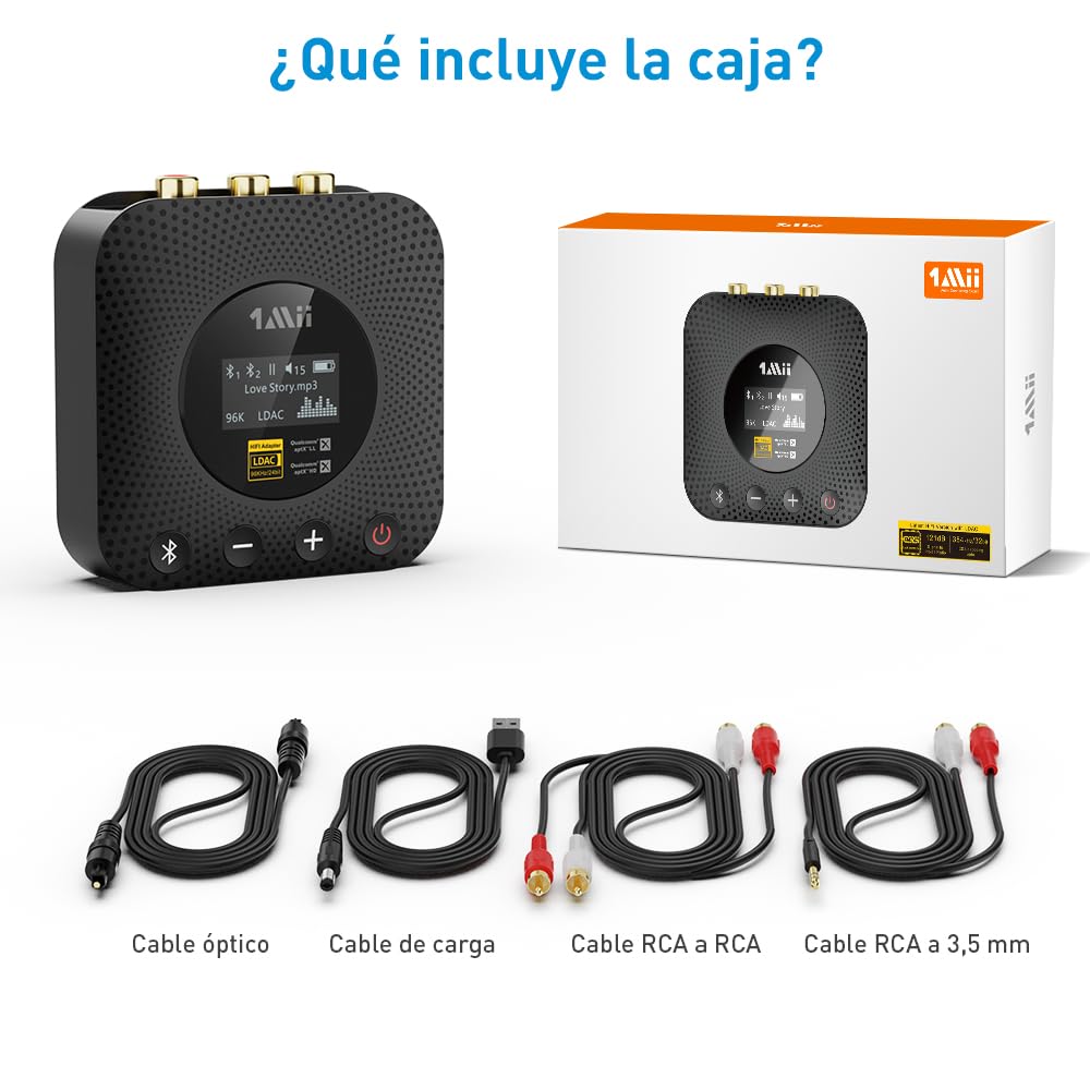 1Mii B06HD+ Receptor de Música Bluetooth 5.3 de Alta Resolución para Estéreo Doméstico con LDAC, HiFi Bluetooth Adaptador de Audio con Audiófilo DAC, Control de Volumen, aptX HD, Pantalla OLED