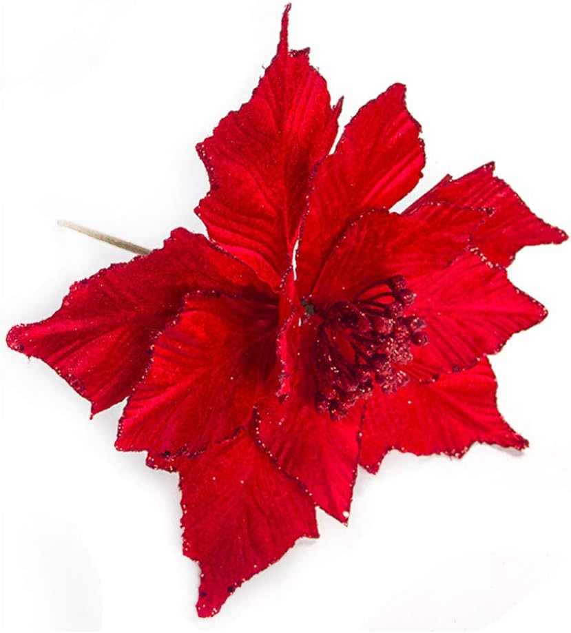 WDDH Glitter Christmas Poinsettia Flowers(6 Pack), 11 Wide Velvet Artificial Poinsettia Flower Picks Christmas Tree Ornaments, Artificial Flower Floral Picks for DIY Crafts Wreath Party Decor