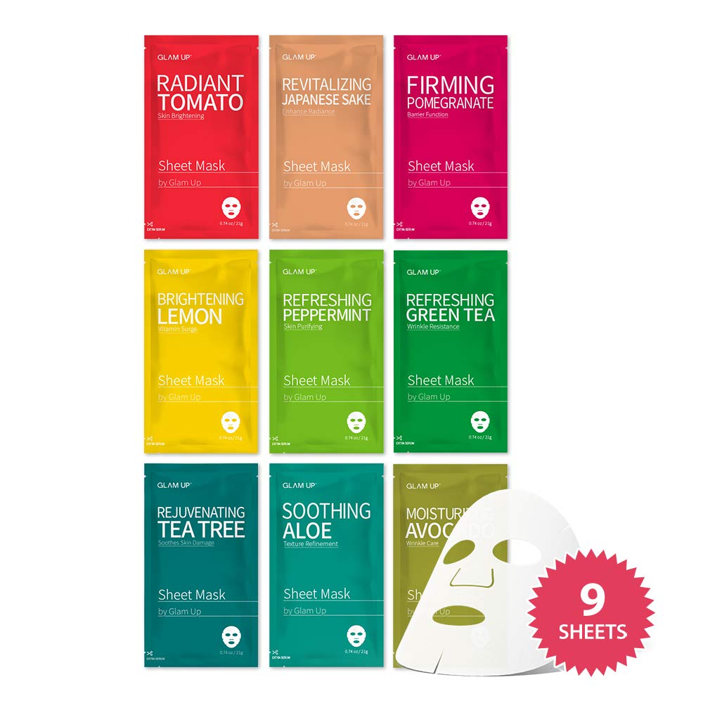 GLAM UPSheet mask Facial Sheet Mask BTS 9Combo-The Ultimate Supreme Collection for Every Skin Condition Day to Day Skin Concerns. Nature made Freshly packed Original Korean Face 9 sheet Mask