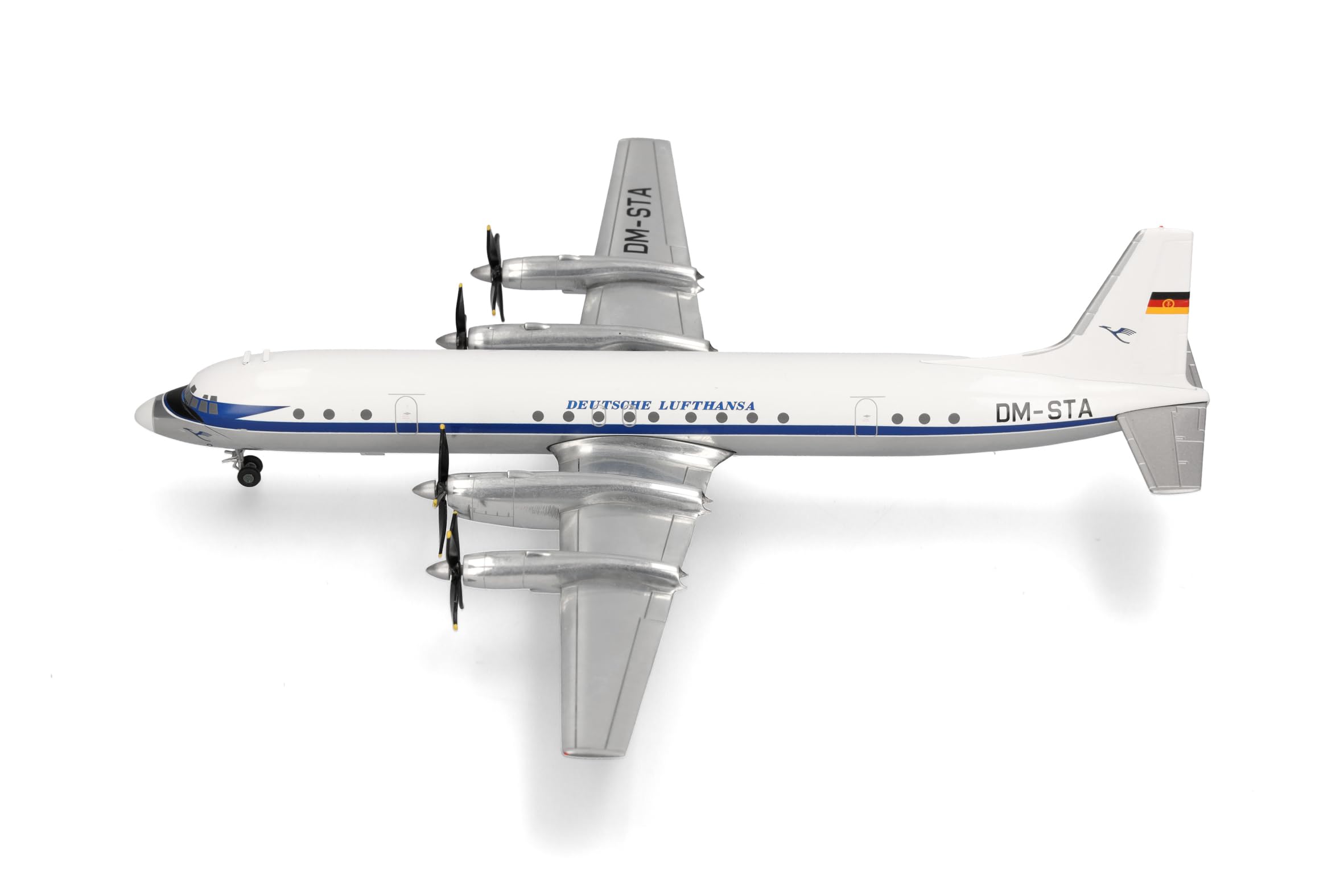 Herpa Modellflugzeug Deutsche Lufthansa Ilyushin IL-18 - DM-STA, Miniatur im Maßstab 1:200, Sammlerstück, Flugzeug Modell mit Standfuß, Metall