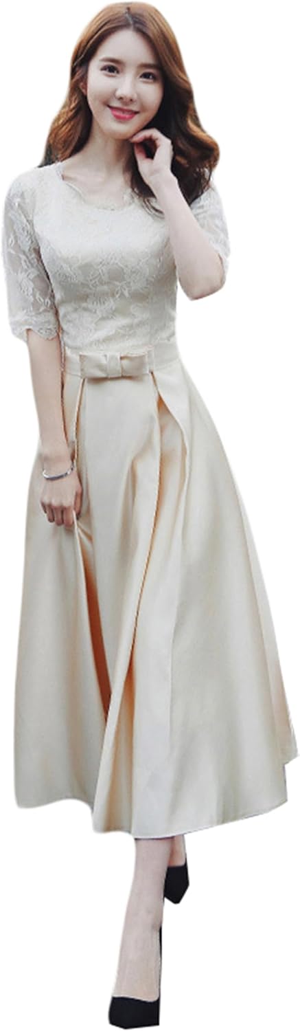 [ＺＨＯＮＧＪＵＥ] レースアップ フォーマルワンピース レディース ロングワンピース 半袖 サテン レースワンピース マキシワンピ