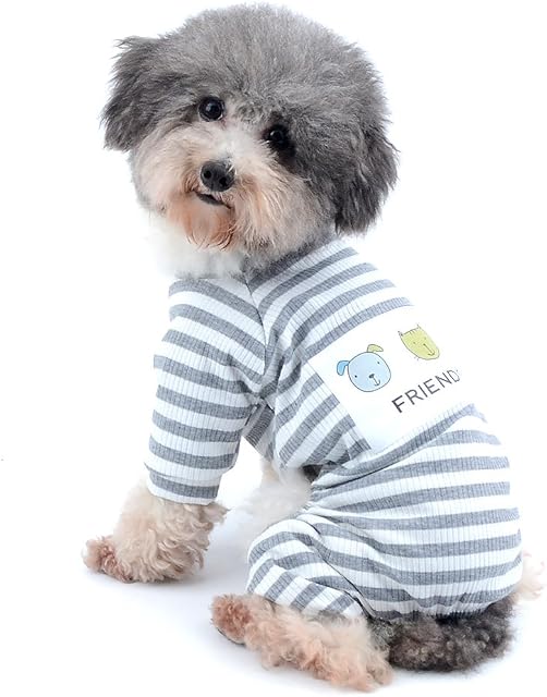 Ranphy Small Dog Stripe Pajamas Winter Comfy Cotton Pet Clothes Puppy Outfit Cat Apparel Doggy Pyjamas PJS Shirt Yorkie Jumpsuit Boys for Summer Autumn Gray Size S