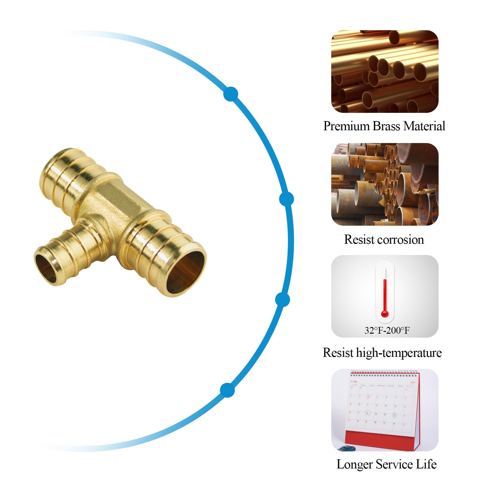 WiseWater Accesorios PEX de 3/4 pulgadas x 3/4 pulgadas x 1/2 pulgadas, montaje de engarzado de púas de latón para tubería PEX (paquete de 28)