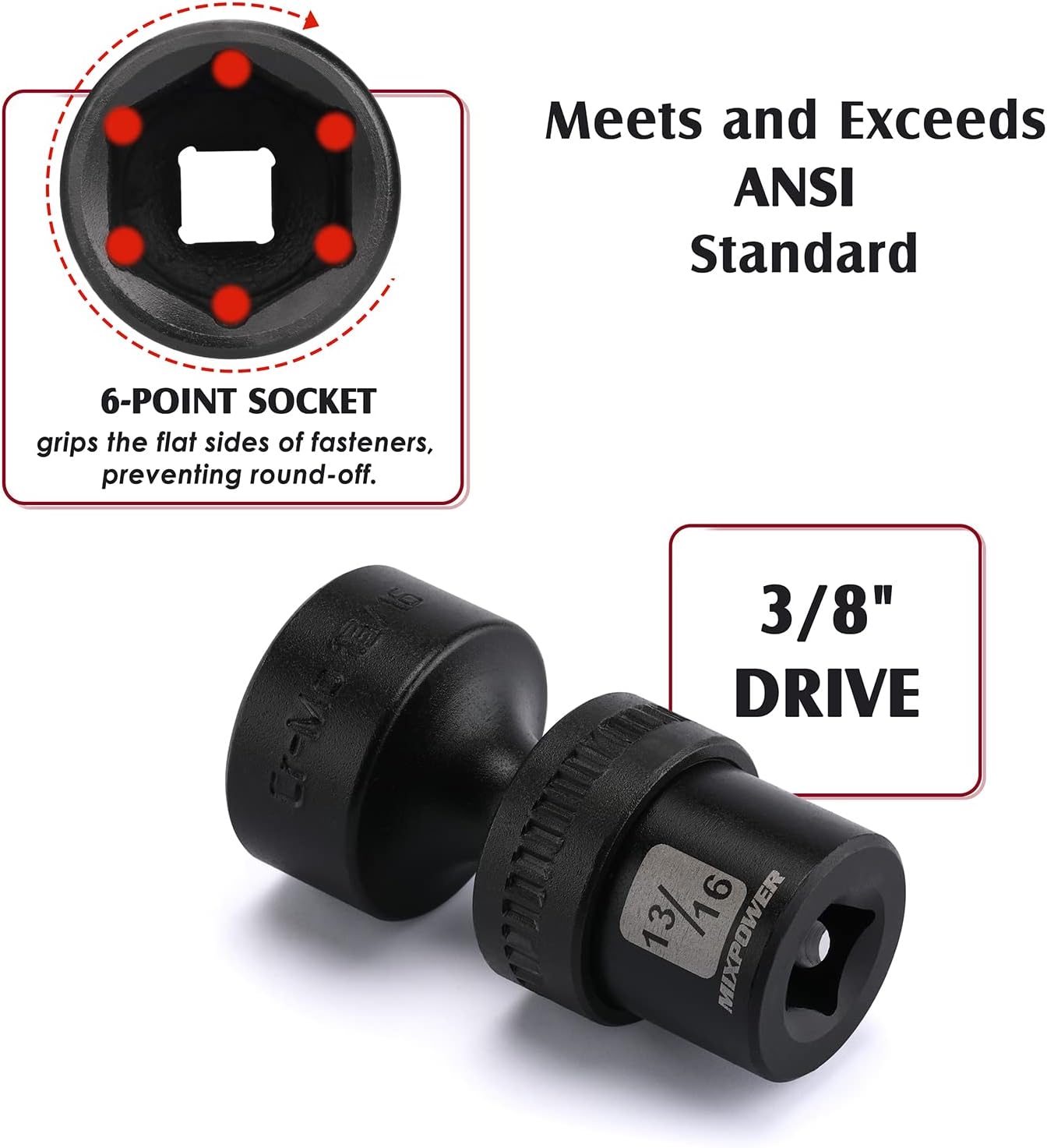 MIXPOWER 3/8" Drive Shallow Impact Universal Joint Swivel Socket Set, SAE, 5/16" - 1", Shallow, Flexible Wobble, Chrome Molybdenum Steel, 12 Pieces Set