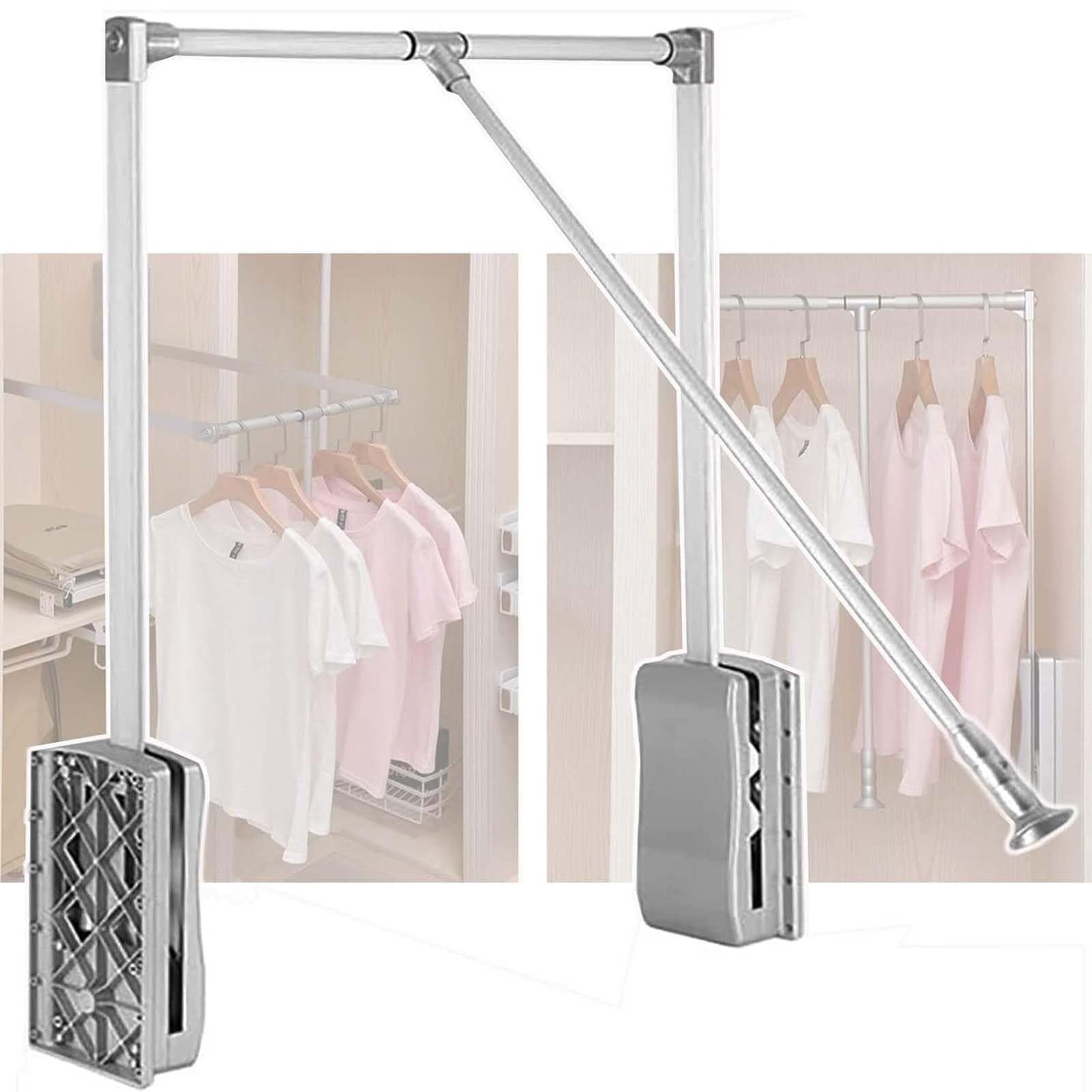 THEGA Wardrobe Pull Down Hanging Rail, Stainless Steel Wardrobe Rail Tube, Hanging Lift Clothes Wardrobe Rail, Adjustable Width, Wardrobe Lift Cloth Hanger For Hanging Clothes(Silver,700-930mm)