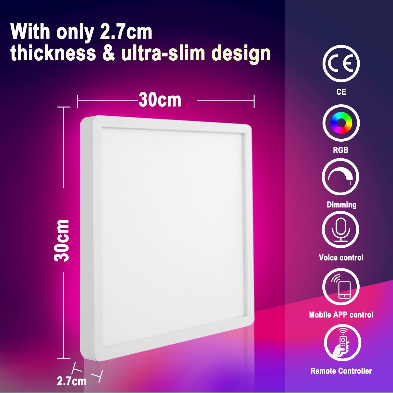 CANMEIJIA LED Plafondlamp IP44, 12 Inch 24W Slimme Plafondlampen RGB Dimbaar met Afstandsbediening Badkamerlampen 3000-6500K 2520LM voor Woonkamer Slaapkamer Keuken Hal Rond, Zwart