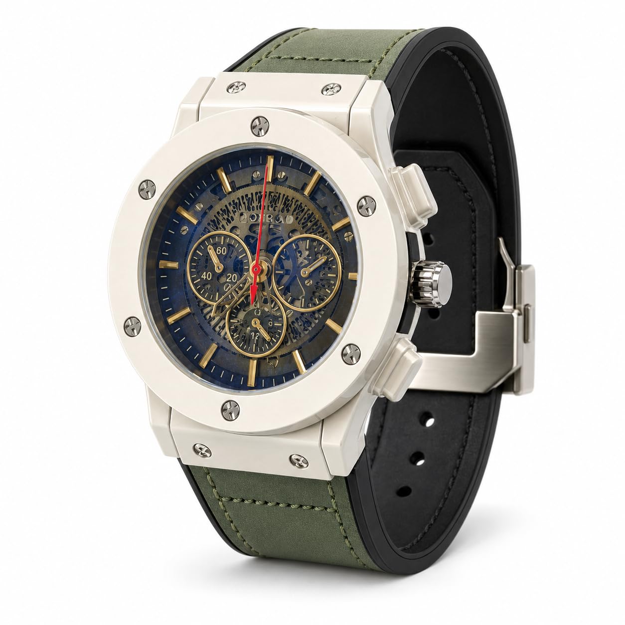 Watch for Men Skeleton Dial Green Strap Analog Wrist Watch Silver Case 45MM-image-22