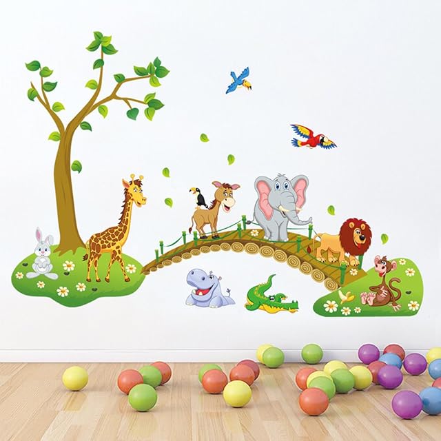 decalmile Jungle Animals Tree Wall Stickers Lion Giraffe Elephant Walking on Bridge Wall Decals Kids Room Wall Decor Baby Room Nursery Bedroom Wall Decoration