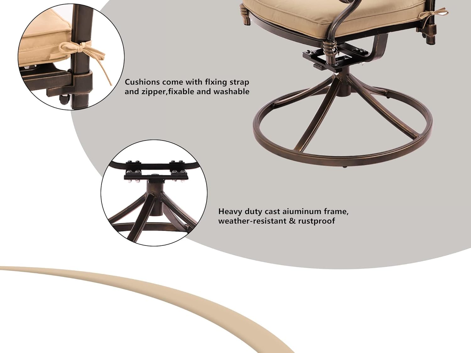 Outdoor Swivel Dining Chairs, Bronze Cast Aluminum Patio Dining Chairs Extra Wide Armrest Swivel Rocker Outdoor Chairs with Cushion Patio Furniture for Garden, Backyard, Deck