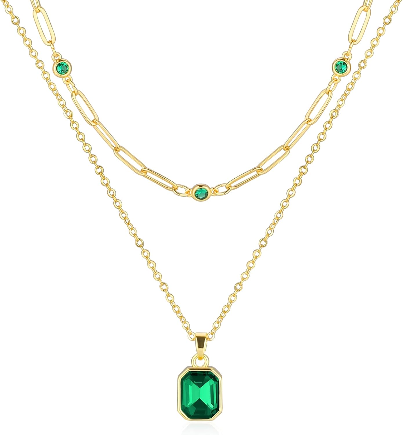 Secroma Gold Layered Necklaces for Women, 18k Gold Plated Crystal Necklace Paperclip Choker Emerald Green Jewelry for Women Gifts