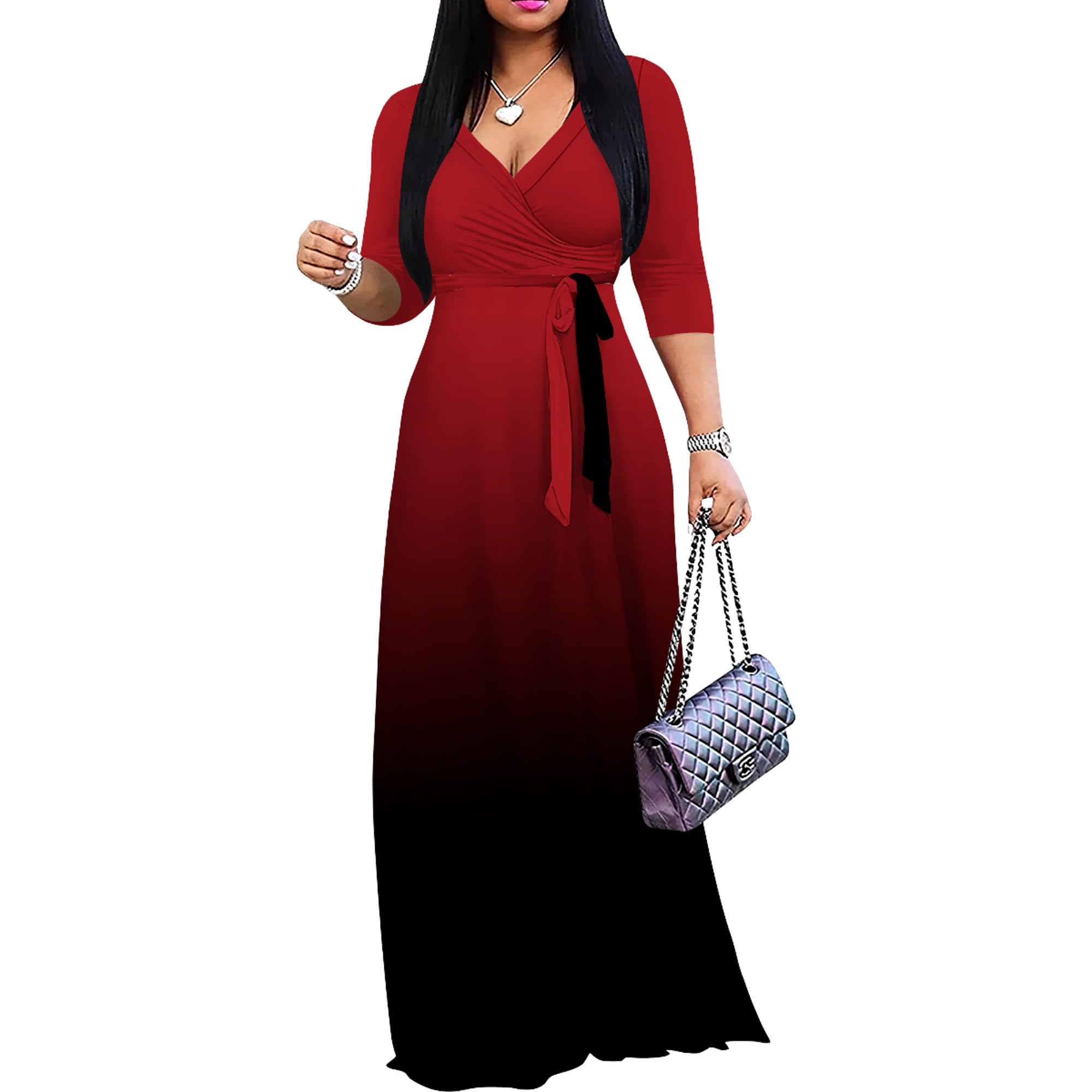 PINKPATTY Women's Floral Maxi Dress 3/4 Sleeves V Neck Cocktail Party Dress Belted Wrap Dresses with Belted（Gradients1 2XL）, XX-Large