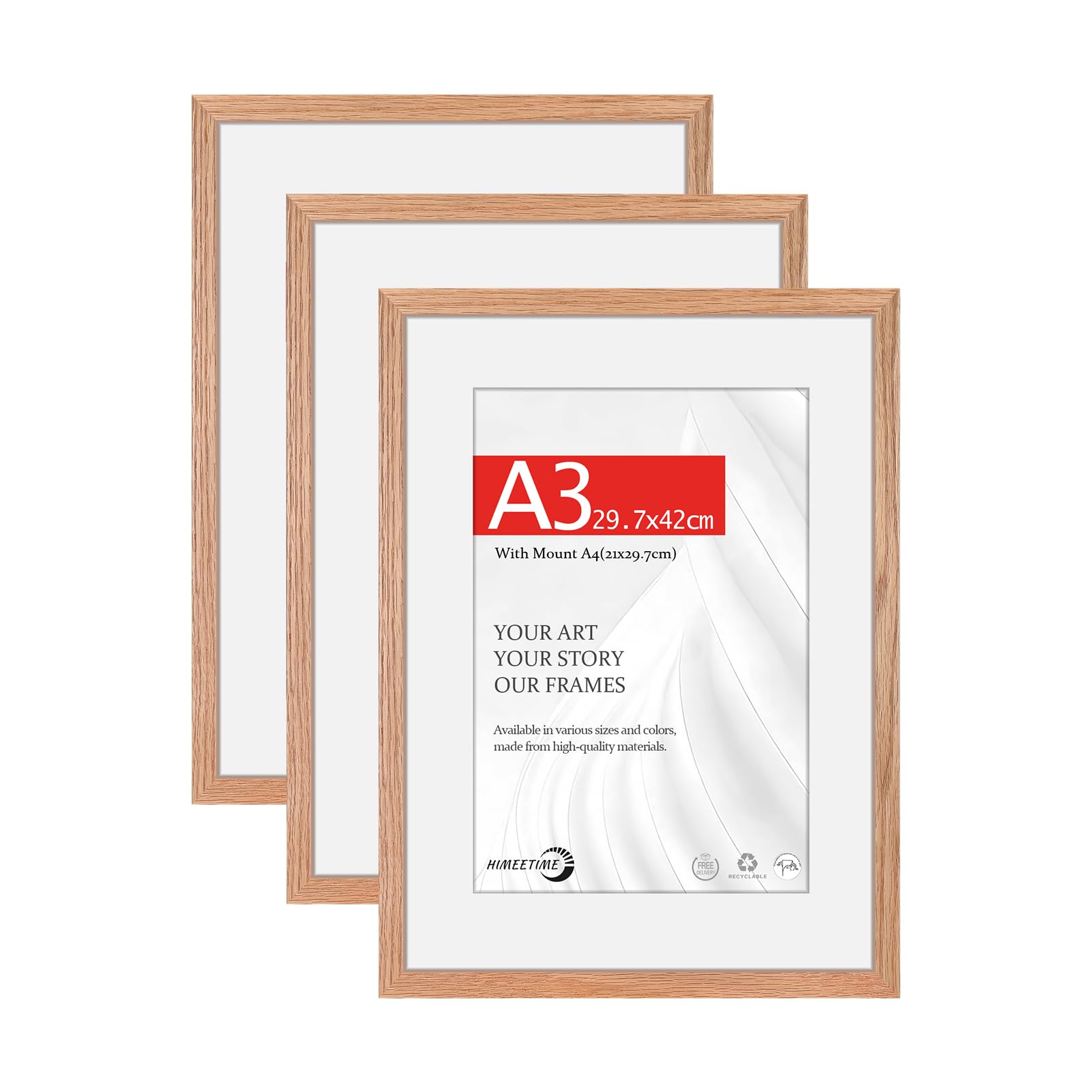 HIMEETIME® 3x Picture Frames A3 30x42 cm,Made of Solid Oak Wood,Size in A3(29.7x42cm) without Mat and a4(21x29.4cm) with Mat,for wall hangings or table decoration