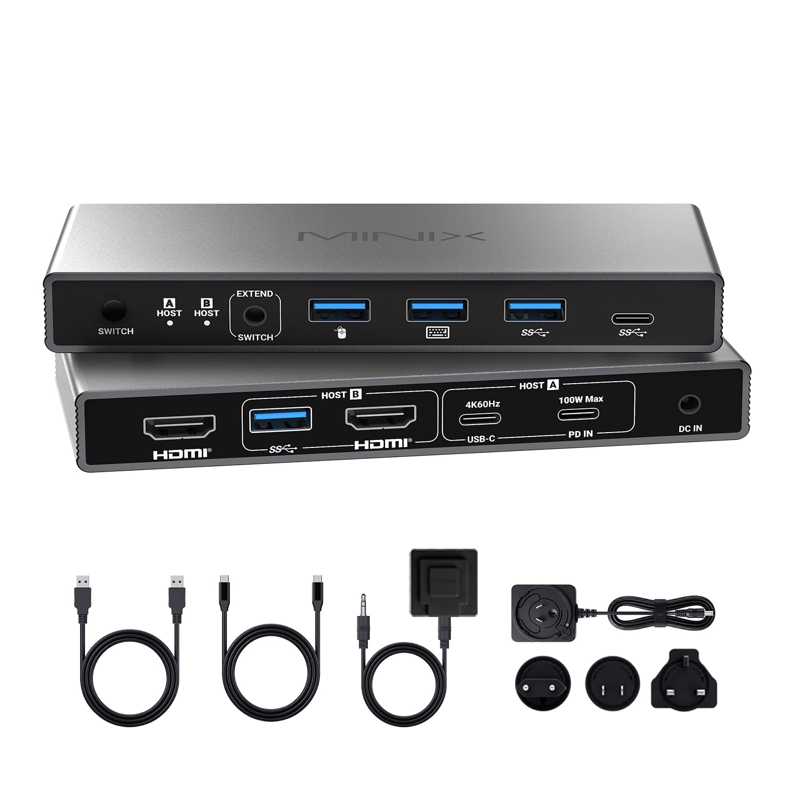 MINIX HDMI-Switch 8K + USB‑C KVM für 1 Monitor und 2 Computer, Aluminium
