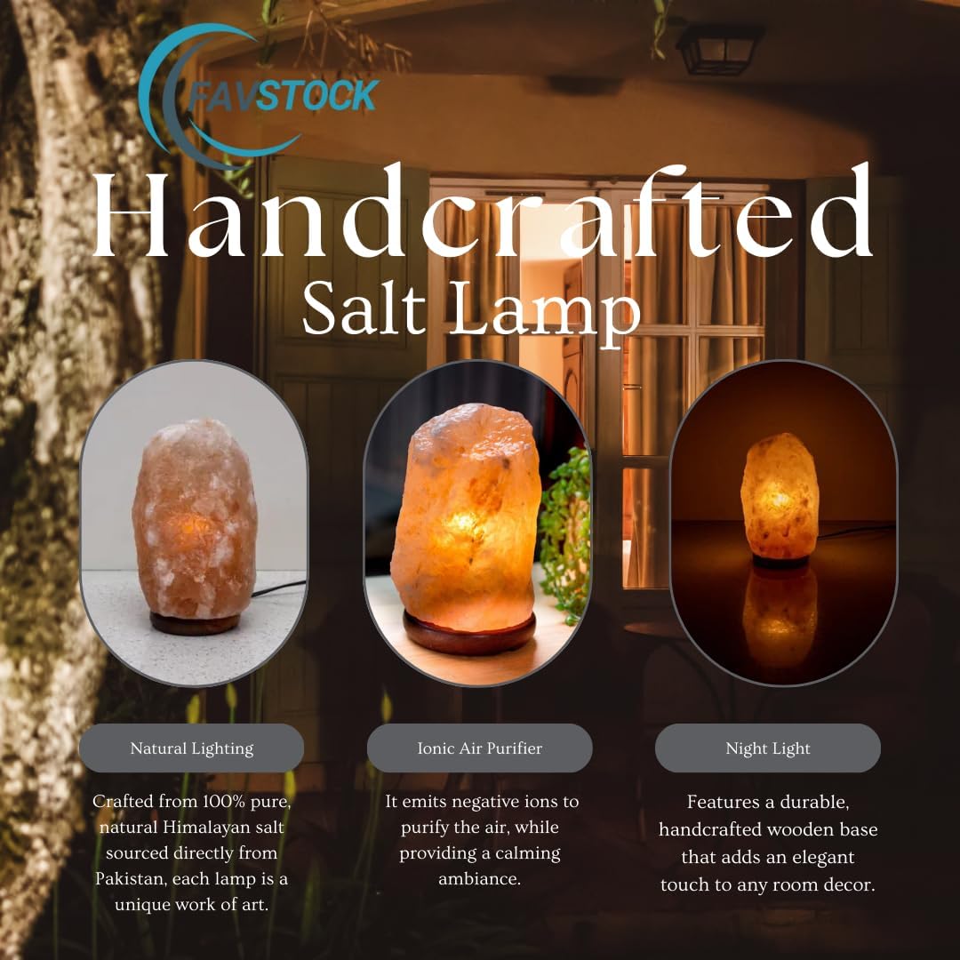 Authentic Himalayan Salt Lamp 4-8 lbs – Handcrafted Natural Salt Crystal with Wooden Base, UL Certified Cord & On/Off Switch – Soothing Night Light for Stress Relief, Sleep Aid & Home Déco