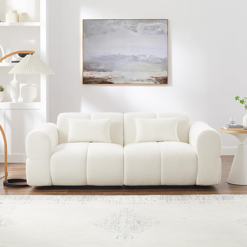 80" Modern Sofa Couch, Comfy Deep Seat Teddy Cloud Sofa, Upholstered 3-Seater Boucle Couch, Oversized Loveseat for Living Room, Bedroom, Office, Apartment(White)