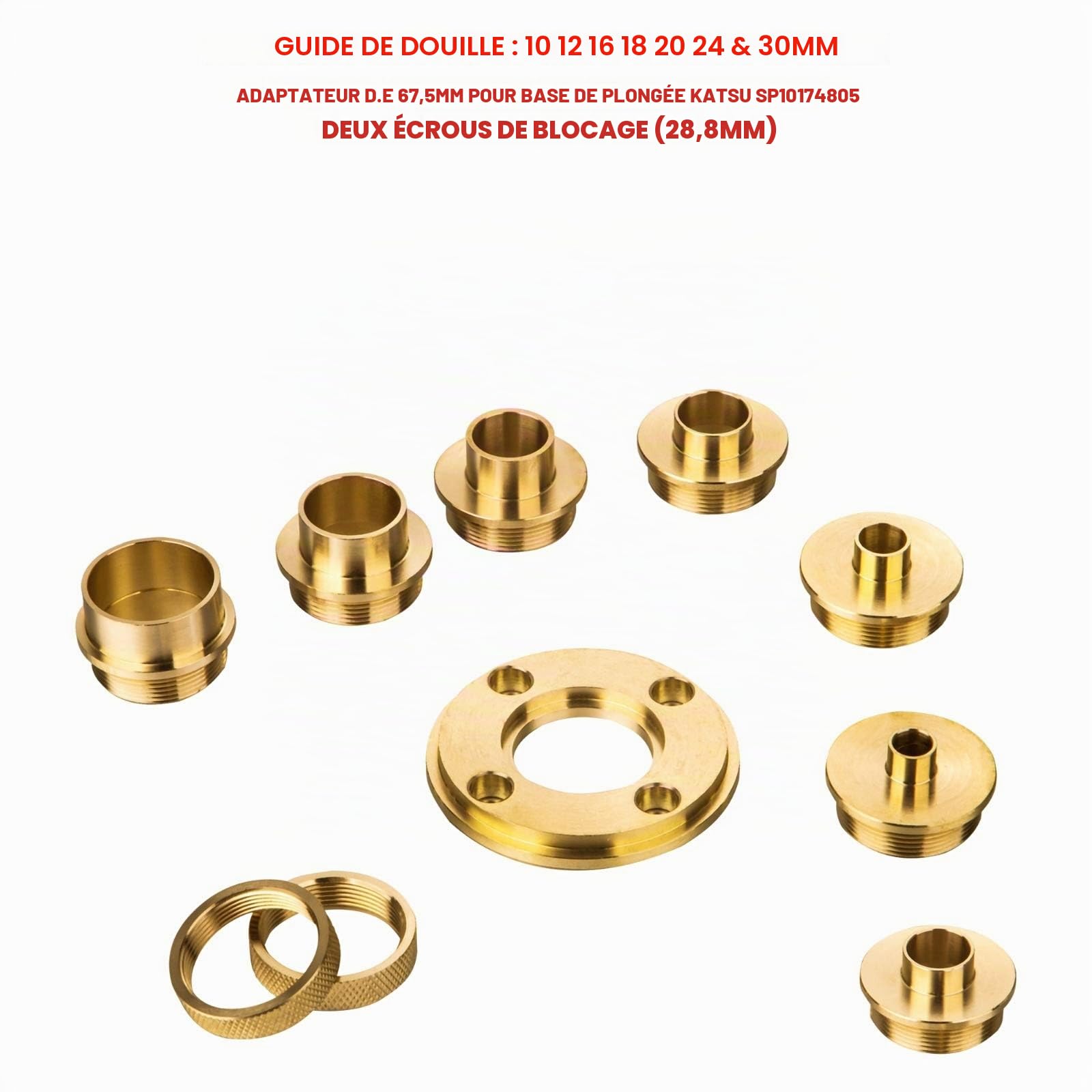 KATSU 10 pièces Kit de Guides de Routeur de Modèle en Laiton avec Adaptateur D'écrou de Blocage Kit de Bague de Guidage D'accessoire de Routeur
